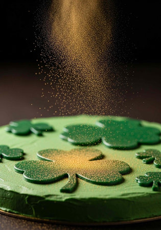 A green cake with shamrocks and gold glitter being sprinkled on top for St. Patrick's Day celebrationの写真素材