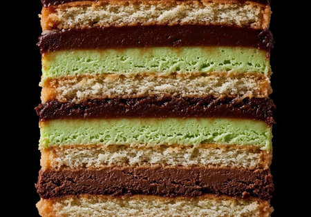 A layered slice of cake with chocolate and mint frosting on a black background