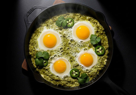 A cast iron skillet filled with a vibrant green egg dish, topped with eggs, jalapenos, and cilantro.