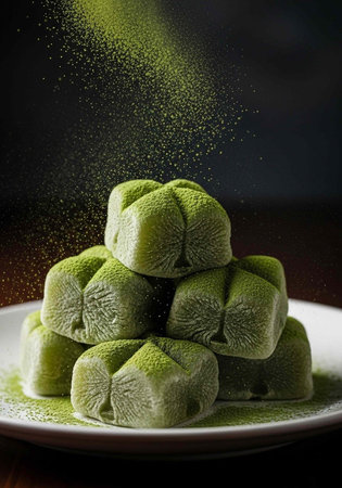 A stack of green mochi balls dusted with matcha powder on a white plate