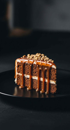 A slice of chocolate cake with caramel drizzle on a black plate