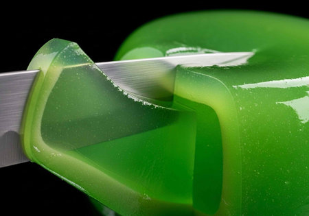 A sharp knife slicing through a vibrant green soap bar on a black background