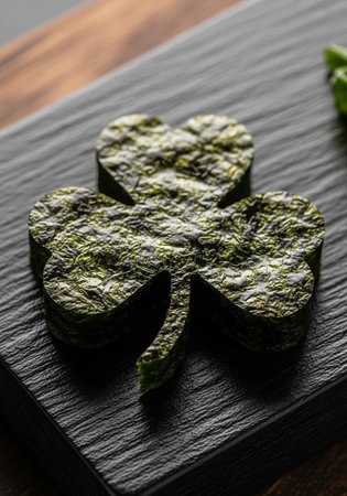 A delicious green shamrock cookie on a wooden board