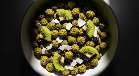 Kiwi and coconut chips in a bowl on a black background