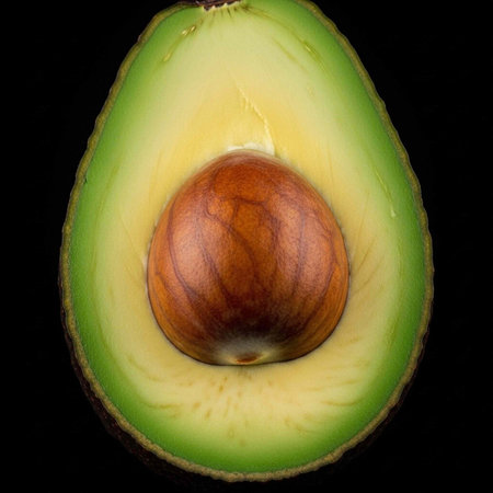 A halved avocado with a visible pit on a black background