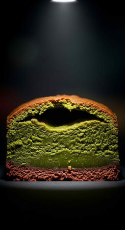 A vibrant green matcha cheesecake with a rich brown crust and a dramatic spotlight shining down.