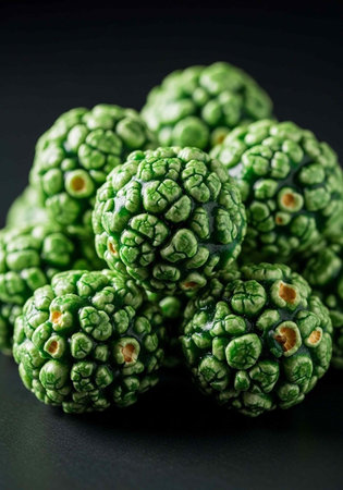 A close-up view of a pile of green yuzu fruits on a dark surface