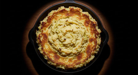 A delicious serving of mashed potatoes in a cast iron skillet on a wooden table