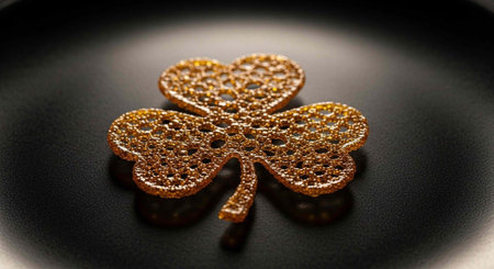 A shiny gold four-leaf clover brooch with intricate details on a dark background