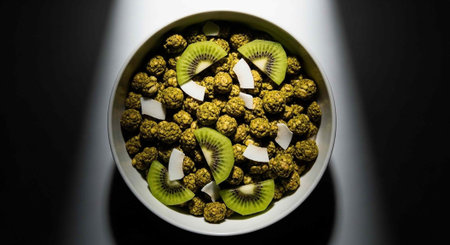 A white bowl filled with green granola, kiwi slices, and coconut pieces on a dark surfaceの写真素材