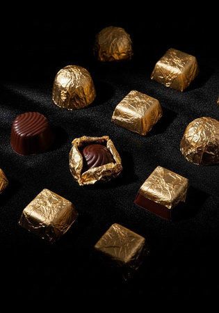 Chocolate truffles wrapped in gold foil on a black surface, some unwrapped.の写真素材