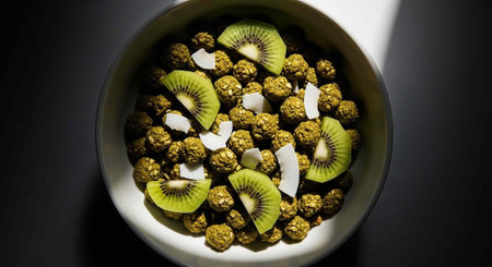 A white bowl filled with green cereal, sliced kiwi, and coconut flakes on a dark backgroundの写真素材