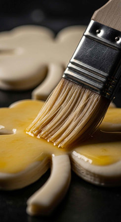 Close-up of brush spreading golden butter on cookie dough shapesの写真素材