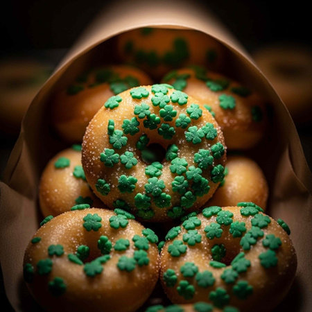 Close-up of donuts with green sprinkles in a paper bag, sweet treatsの写真素材