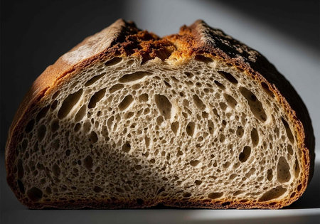 A slice of bread with a golden-brown crust and a light-colored, porous interior is showcased
