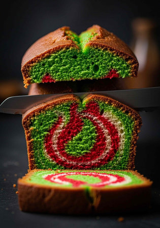 Colorful cake with green, red, and white swirls, cut into slices on a dark surfaceの写真素材