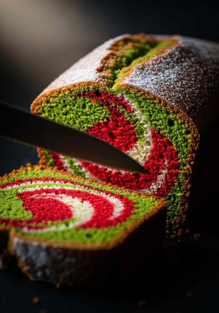 Vibrant layered cake with red, green, and white swirls being cut with a knife