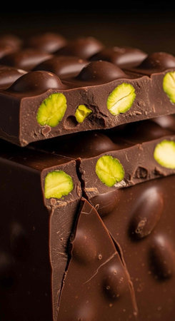 Close-up of dark chocolate bars with visible pistachios, broken and stacked.