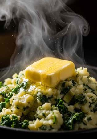 A steaming bowl of kale and rice topped with a melting block of butter.の写真素材