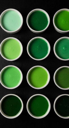 Twelve small white cups filled with various shades of green paint on a black surface