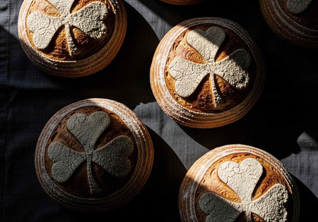 Round bread loaves with clover and heart shapes, dusted with flour, on a dark clothの写真素材