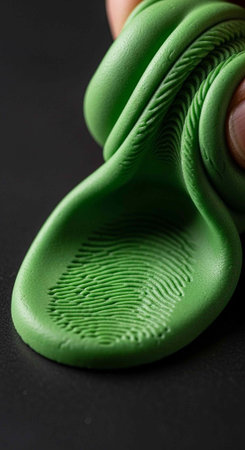 A hand holds a green rubber object with a fingerprint texture on a black background.