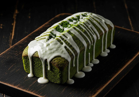A green tea cake with white icing drizzled on top, placed on a dark wooden board