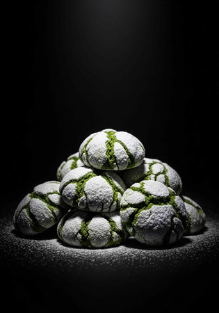 A pyramid of green and white pastries dusted with powdered sugar on a dark background