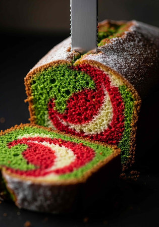 Vibrant green, red, and white swirled cake being sliced with a knifeの写真素材