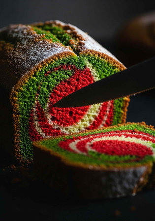 Vibrant red, green, and white swirled cake being sliced with a knifeの写真素材
