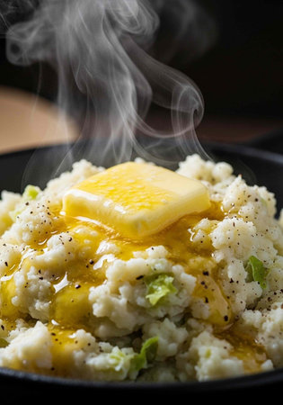 Close-up of florets with melted butter and black pepper, emitting steam.の写真素材