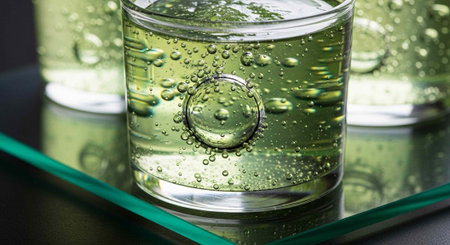 A glass of carbonated water with bubbles sits on a reflective green tray with other glasses.の写真素材