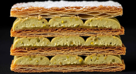 Stacked layers of flaky pastry and creamy filling topped with powdered sugarの写真素材