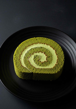 Green matcha cake roll with cream filling on a black plate against dark backdrop