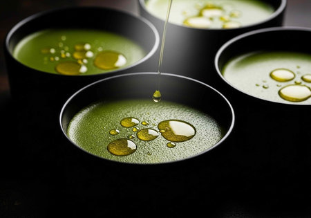 Four black bowls containing green liquid with oil droplets, one with oil pouring in