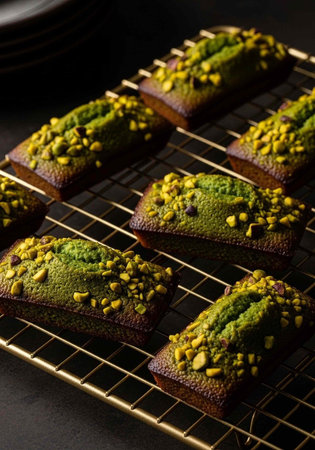 Chocolate cake slices topped with green matcha and crushed pistachios on a gold cooling rack