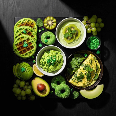 A vibrant green food spread featuring waffles, fruits, omelets, and dips on a black background