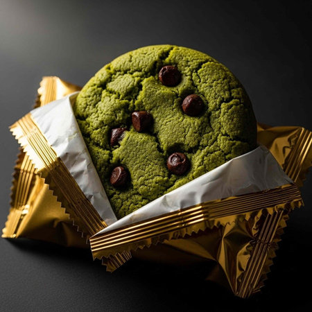 A green matcha cookie with chocolate chips in gold foil packaging on a dark backgroundの写真素材