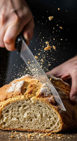 Hands cutting a loaf of bread with a knife, crumbs flying everywhere