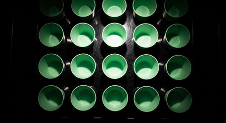 A grid of 20 green cylindrical containers on a dark surface with a central light reflectionの写真素材