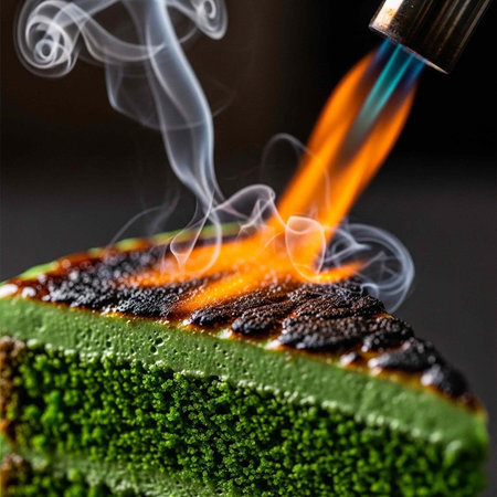 Close-up of green cake being caramelized with a blowtorch, flames and smoke visible