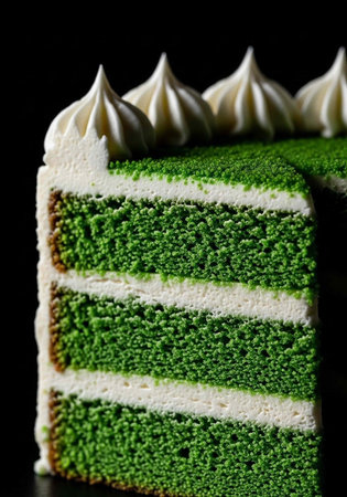 A slice of vibrant green layered cake with white frosting and creamy dollops on top
