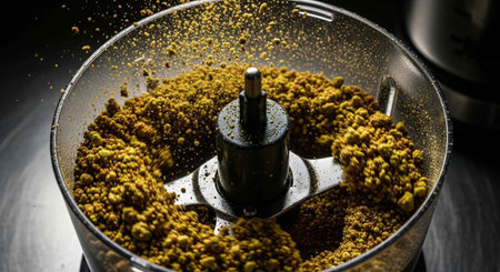 A food processor bowl filled with chopped yellow-brown herbs and a black blade