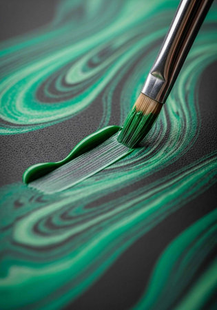 Close-up of a paintbrush applying green paint to a dark gray surface