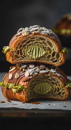A halved pistachio croissant with creamy filling, nuts, and powdered sugar on top.