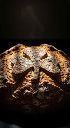 Close-up of a round loaf with a cross-shaped cut on top, golden-brown crust, and dark surroundings