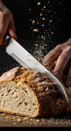 Hands slicing a loaf of bread with a knife, crumbs flying everywhere