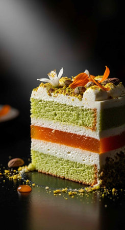 A slice of layered cake with green, orange, and white frosting, topped with edible flowers and crumbs.の写真素材