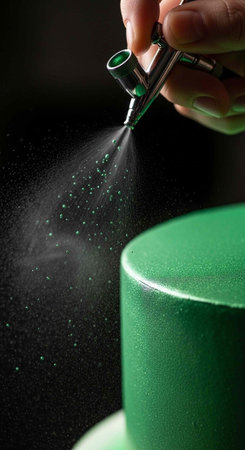 Close-up of hand using airbrush to spray green paint on shiny green cylinder