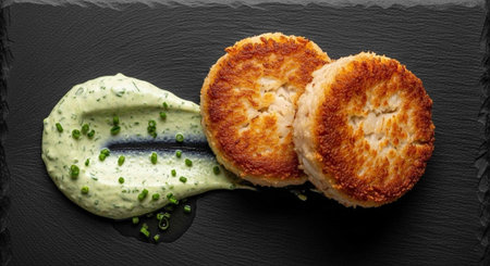 Crispy crab cakes served with a dollop of creamy green sauce on a dark slate background.